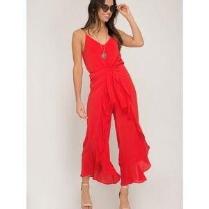 She + Sky Bright Red Ruffled Tie Front Wide Leg Jumpsuit M Date Night Tomato